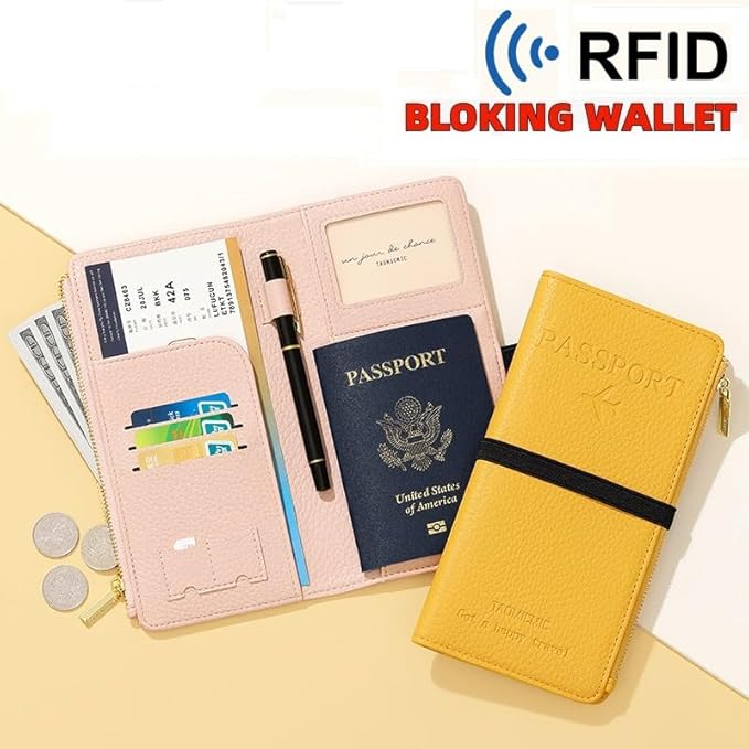 DOB SECHS Leather Passport Holder, RFID Blocking Passport Wallet Credit Cards Case for Women, Travel Accessories Organizer Pouch Bag with ID Window+Zippered Cash Pocket+SIM Slots, Blue