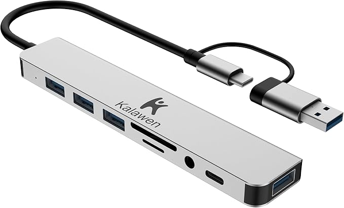 Kalawen USB C Hub USB Hub 3.0, Aluminum 8 in 1 USB Splitter with 1 x USB 3.0, 3 x USB 2.0 and 1 x USB C, SD/TF Card Reader, 3.5mm Aux Ports for MacBook/Pad Pro Laptop Devices