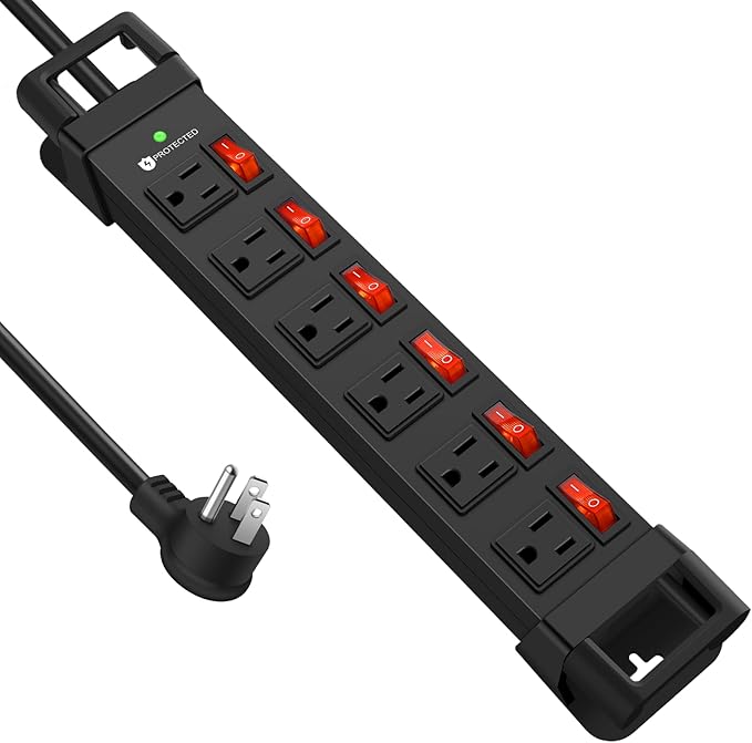 Heavy Duty Power Strip,6 Outlets Metal Power Strip with Individual Switch & Cord Management,Mountable Surge Protector 1200J,10FT Extension Cord (Black,10 FT)
