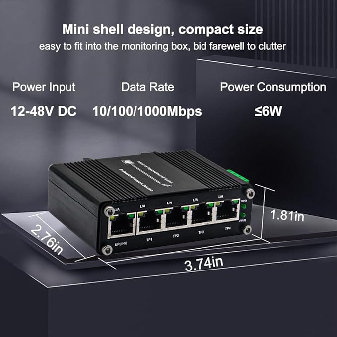 Mini 5 Port Industrial Gigabit Ethernet Switch, Unmanaged Hardened Network Switch, 12-48VDC Wide Power Input, DIN-Rail or Wall Mount, Plug and Play, Outdoor Rated, Rugged Metal Case