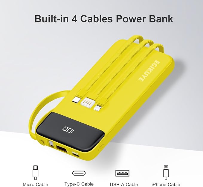 Power Bank 10000mAh Portable Charger with 4 Built-in Cables, Type-C in & Out Phone Charger, External Battery Charger Pack & Travel Essential for iPhone 16/15/14, Samsung, iPad, Android