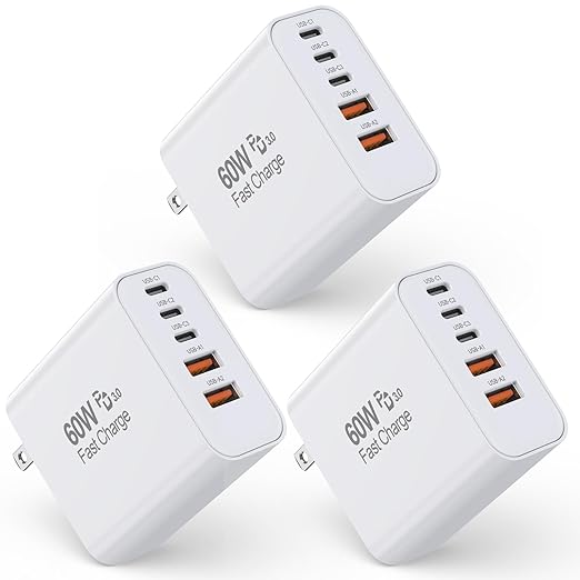 3 Pack Apple 17 Pro Max Charger Fast Charging,PD 60W 5 in 1 Multiport USB C Wall Charger Block Fast Charging, iPhone 16 Plug Cube Quick Charge for iPhone17 Air/16/16e/16 Pro/15Pro Max/14/13/12/11/iPad