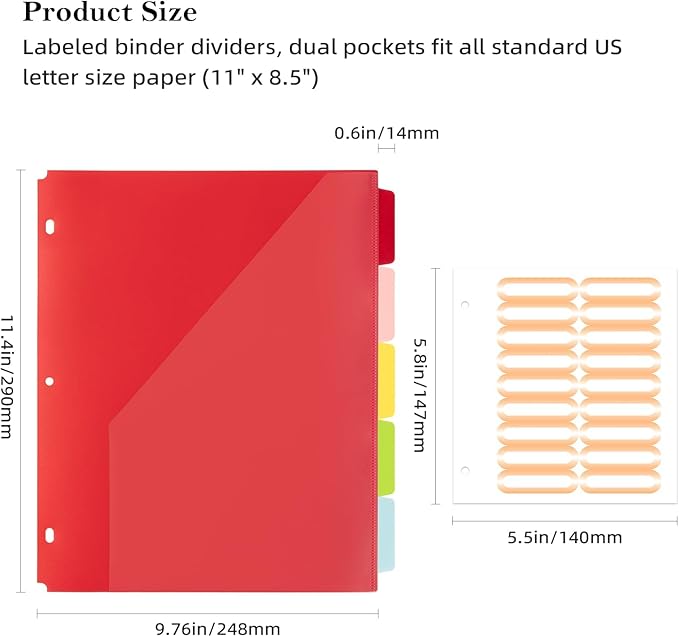 Ospelelf Pocket Binder Dividers with Tabs for 3 Ring Binder, 1/3 Cut Tabs, 5 Plastic File Folders with Pockets Letter Size 8.5 x 11, Multicolor