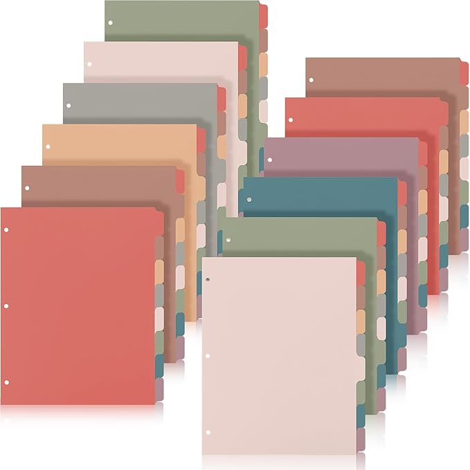 Honoson 12 Sets 8 Tab Dividers for 3 Ring Binders Plastic File 8.5 x 11 Inch Paper Multicolor Page Binder Index Dividers for School Office(Vintage Color)