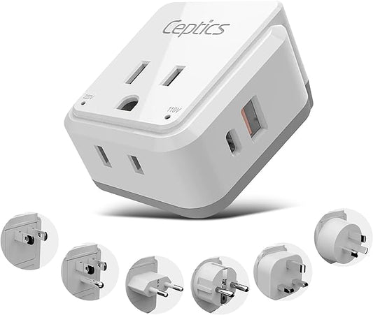 Ceptics World Power Plug Adapter Set, Dual USB & USB-C 3.1A, 20W with QC-PD, 2 USA Outlet Compact & Powerful, Use In Europe, Asia, Australia, Japan, Includes Type A, B, C, E/F, G, I SWadAPt Attachment