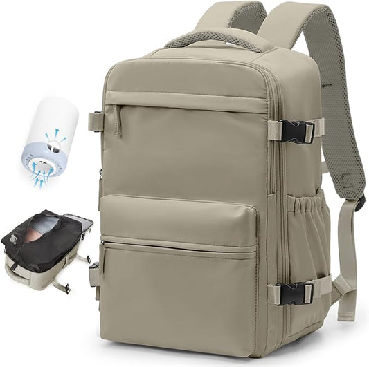 Vacuum Travel Backpack with Pump for Women, Personal Item Carry on Vacpack Backpacks Flight Approved 18x14x8 inches for Men,Laptop Waterproof Work Compression bags Casual Daypack GreyBrown