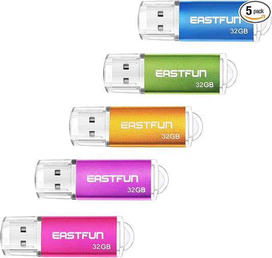 EASTFUN 32GB USB 2.0 Flash Drive Memory Stick Thumb Drive Pen Drive Jump Drive Zip Drive, 5 Pack (5 x 32GB), Colors (Gold Rose Blue Purple Green)