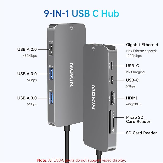 USB C Adapters for MacBook Pro/Air,Mac Dongle with 3 USB Port,USBC to HDMI, RJ45 Ethernet, 9 in 1 USB C to HDMI Adapter,100W Pd Charging,SD/TF Card Reader USB Hub