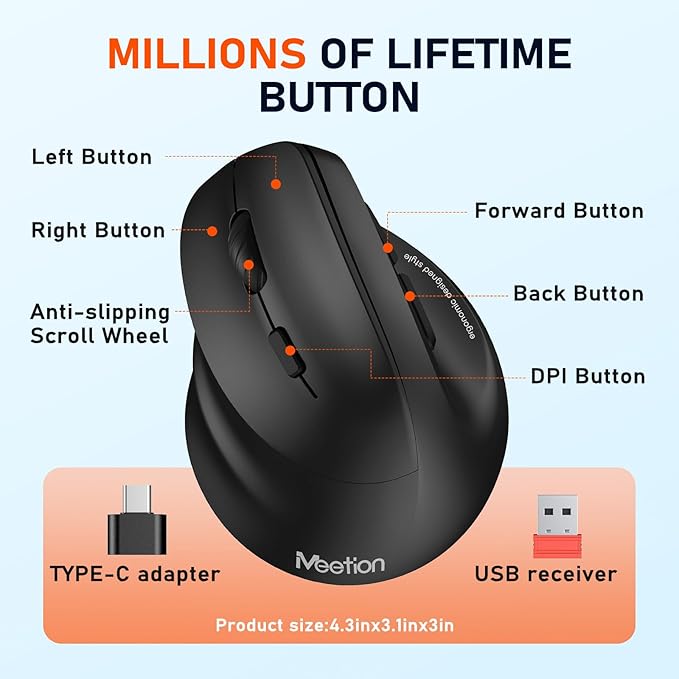 MEETION Left-Handed Mouse, Ergonomic Mouse Wireless Vertical Mouse, RGB Rechargeable Mice for Bluetooth(5.2 + 3.0) & USB-A with Type-c Adapter 4 Adjustable DPI for Mac/Windows/PC/Tablet/iPad Black