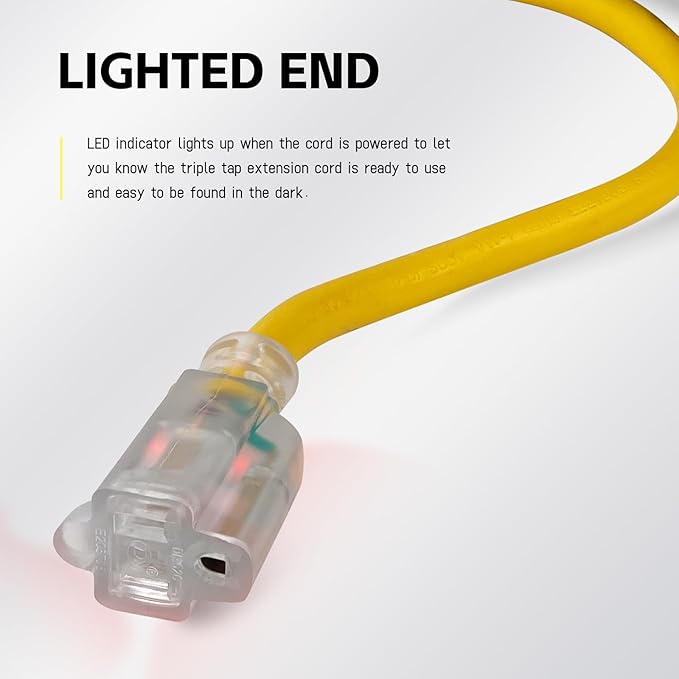 EP 1 ft Lighted Extension Cord - 12/3 SJTW Heavy Duty Yellow Extension Cable with 3 Prong Grounded Plug - 15AMP Power Cord for Lawn, Garden, Appliances
