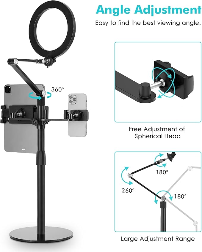 viozon 3-in-1 Selfie Desktop Live Stand, Height Adjustable/Overhead, 8" LED Ring Light, Compatible with 3.5-13" Tablet& Phone, Suitable for YouTube/Tiktok/Recording/Streaming/Online Meeting-B