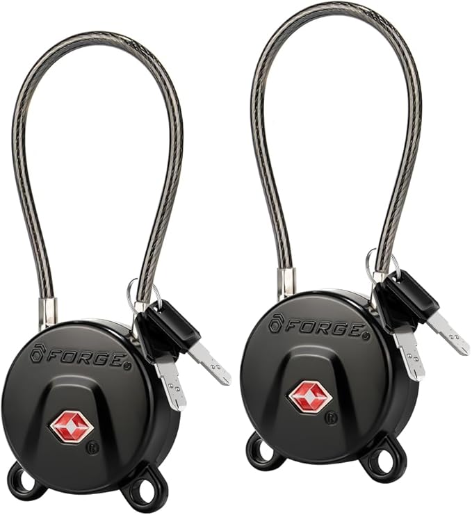 Forge TSA Approved Luggage Locks Ultra-Secure Dimple TSA006 Key Travel Locks with Zinc Alloy Body- Black 2 Cable Locks
