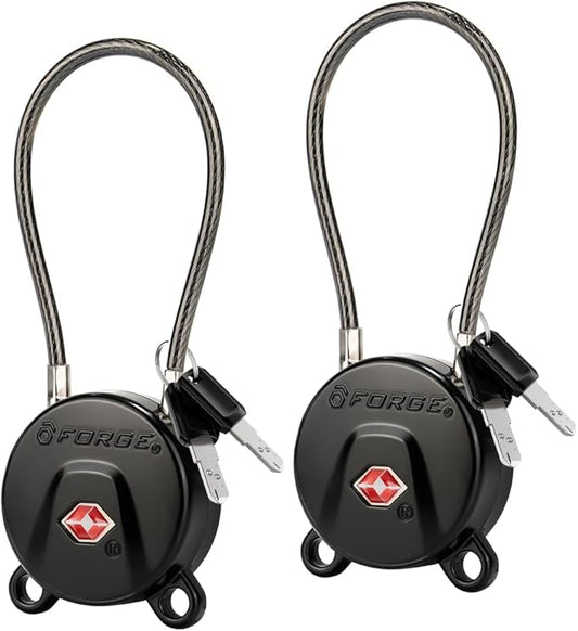 Forge TSA Approved Luggage Locks Ultra-Secure Dimple TSA006 Key Travel Locks with Zinc Alloy Body- Black 2 Cable Locks