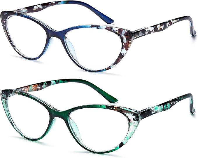 EYEURL Cat Eye Reading Glasses for Women, 2 Pack Blue Light Blocking Readers for Ladies Spring Hinge Fashion Pattern +3.50 Magnification Anti Eyestrain UV Protection