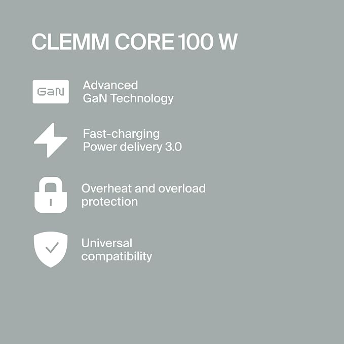 Clemm Core 100W GaN USB-C Charger, 4-Port Fast Charging Adapter with PPS, 3 USB-C & 1 USB-A for MacBook Pro, iPhone 16/15/14/13/12/11/X, iPad, Samsung Galaxy S24/S23 & More
