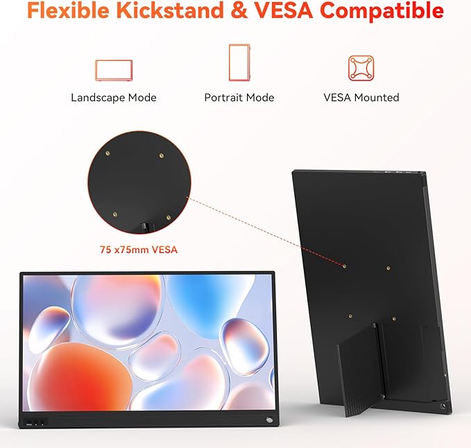 HotYeah Portable Monitor, 15.6-in 1080P FHD Laptop Monitor USB-C HDMI External Computer Display FreeSync IPS w/Kickstand, 2nd Screen for Laptop PC Mac Phone Tablet Switch PS5 Xbox