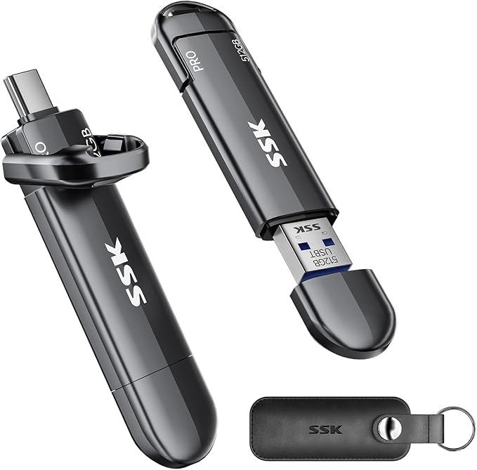 SSK 512GB USB Solid State Flash Drive, External SSD Up to 1000MB/s, Dual Port USB 3.2 Type-C/A, Portable SSD in Zinc Alloy Thumb Drive Stick for iPhone 15/16 Pro, Mac, PC, Android OTG Storage