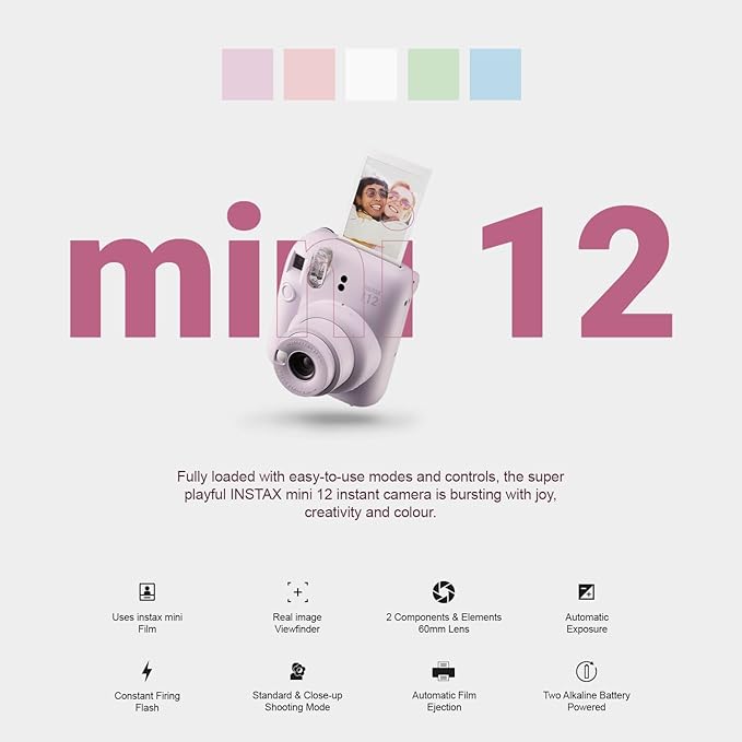 Fujifilm Instax Mini 12 Instant Camera + MiniMate Accessory Bundle & Compatible Custom Case + Fuji Instax Film Value Pack (50 Sheets) Flamingo Designer Photo Album (Clay White)