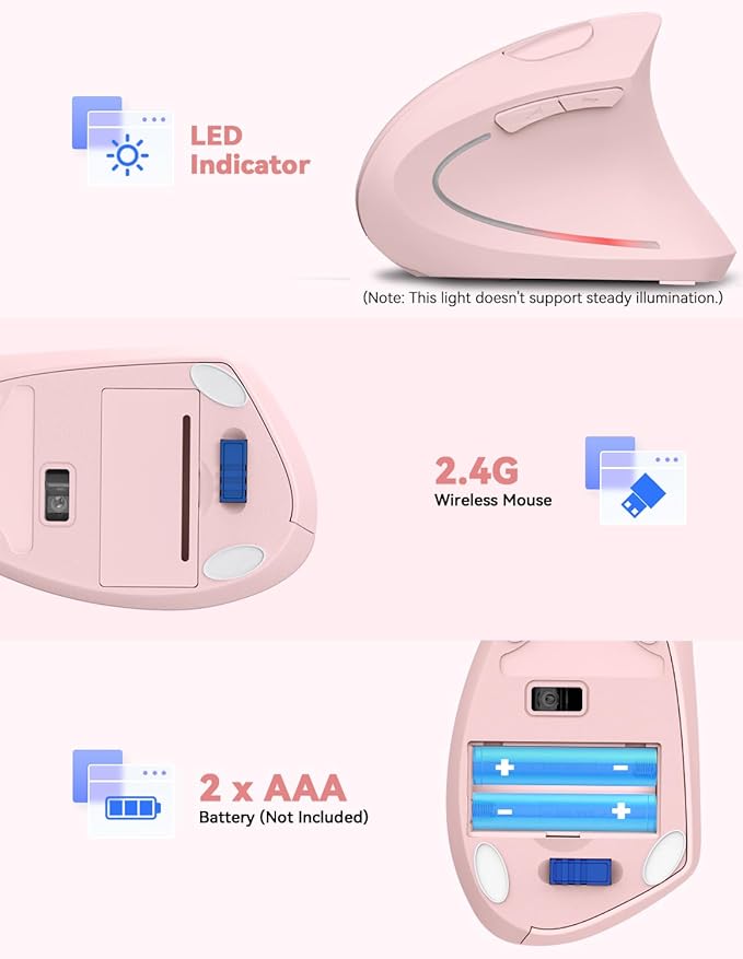 TECKNET Ergonomic Wireless Vertical Mouse - 4800 DPI, 5 Adjustable Levels, 2.4GHz Optical, 6 Buttons for Carpal Tunnel - Laptop, Desktop, PC, MacBook Compatible - Pink