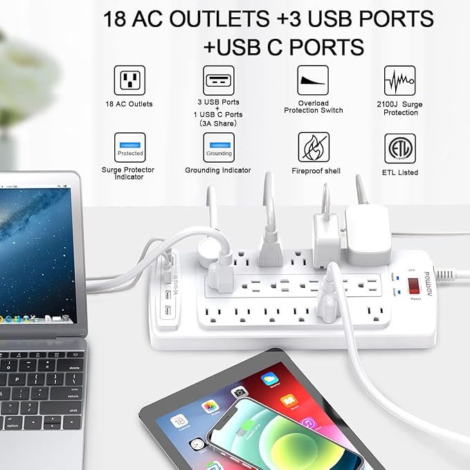 18 Outlets Surge Protector Power Strip - 20 Feet Flat Plug Heavy Duty Extension Cord with 18 Widely Outlets and 4 USB Ports, 2100 Joules, White, ETL Listed