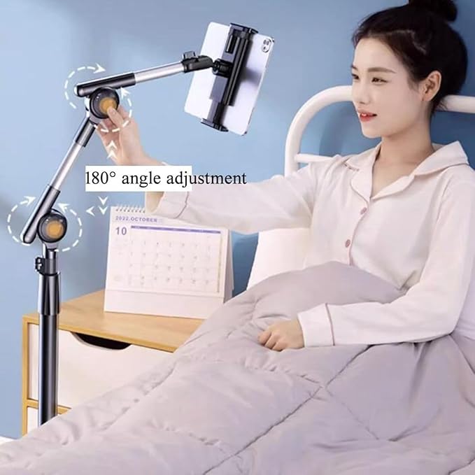 Tablet Floor Stand Holder, 360 Degree Rotating with Height Adjustable Stand Compatible with 4.7"-13" Phone/Tablet, Kindle, 63" Phone Stand, Aluminum Alloy, for Bed,Sofa,Desk.Black