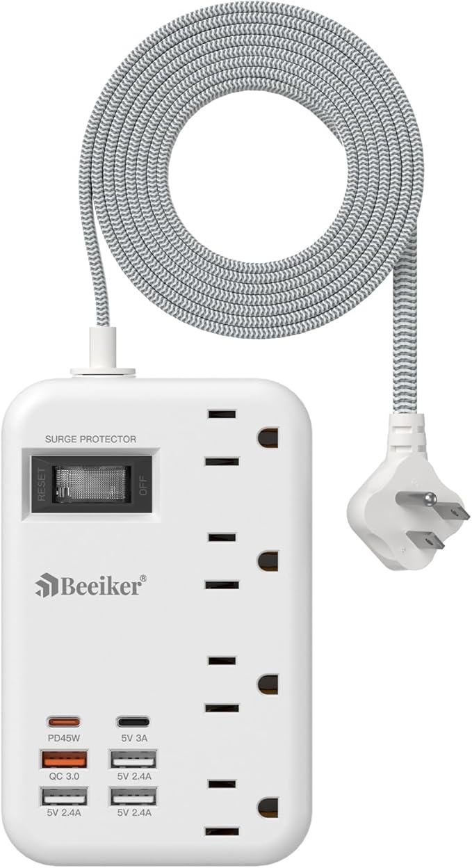 45W USB C Travel Power Strip- PD 45W Fast Charging Station with 6 USB(2 USB C) Ports and 4 Outlets,5Ft Flat Plug Braided Extension Cord Surge Protector for MacBook Laptops iPad Pro iPhone Samsung 13A