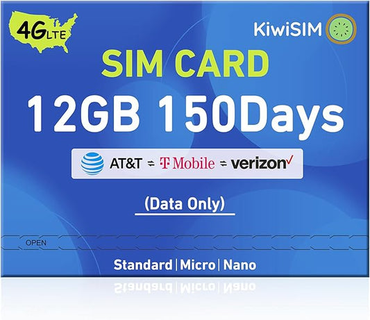 Prepaid Data SIM Card 12GB 150Days,4G LTE SIM Card for Unlocked Phone/Router/Security Camera,Support for AT&T,T-Mobile and Verizon,No Contract(Requires Activation)