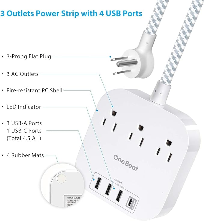Power Strip with USB C, 3 Outlets 4 USB Ports (22.5W/4.5A) Desktop Charging Station, Flat Plug, 15ft Braided Extension Cord, Non Surge Protector for Travel, Cruise Ship, ETL Listed