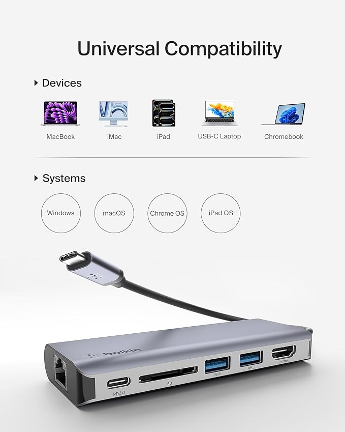 Belkin USB C Hub, 6-in-1 MultiPort Adapter Dock with 4K HDMI, USB-C 100W PD Pass-Through Charging, 2 x USB A, Gigabit Ethernet Ports and SD Slot for MacBook Pro, Air, iPad Pro, XPS and More
