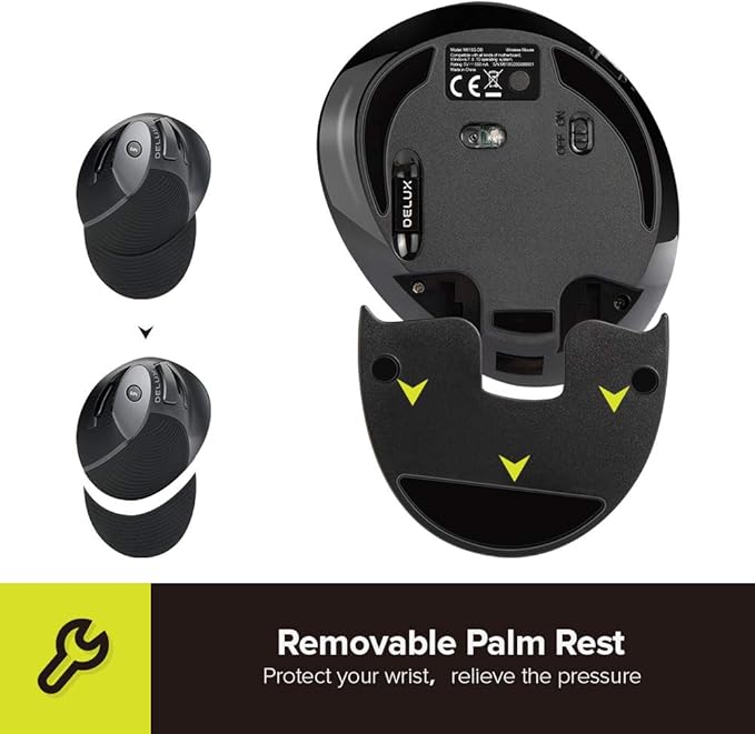 DeLUX Rechargeable Ergonomic Wireless Mouse Silent, 1600DPI, Reduce Hand and Wrist Pain, Vertical Mouse with USB Receiver and BT 5.0, 6 Buttons and Removable Palm Rest (M618G DB-Black)