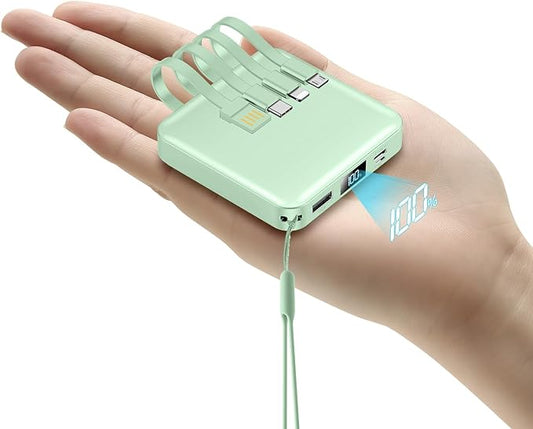 Portable Charger with Built-in Cable,12000mAh 22.5W Fast Charging Small Power Bank,USB C Input/Output with Smart LED Display,External Battery Pack for iPhone,Tablet,Samsung