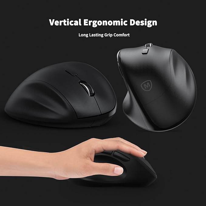 Ergonomic Wireless Mouse with USB Receiver for PC Computer, Laptop and Desktop, Ergo Mouse Vertical with Silent Clicks Long Battery Life, Up to 1600 DPI & 1 AA Battery Powered, Black