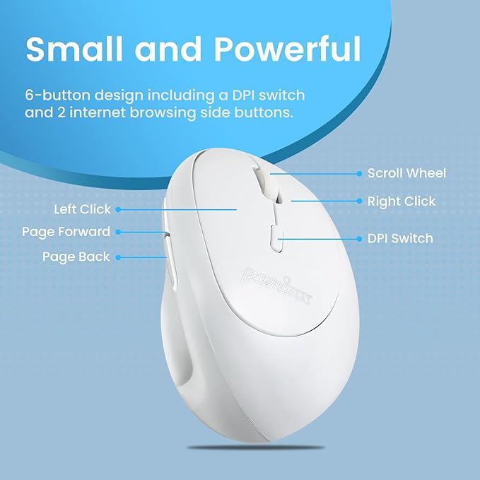 Perixx PERIMICE-719W Wireless Portable Vertical Mouse - Silent Clicks - Right-Handed Design - White