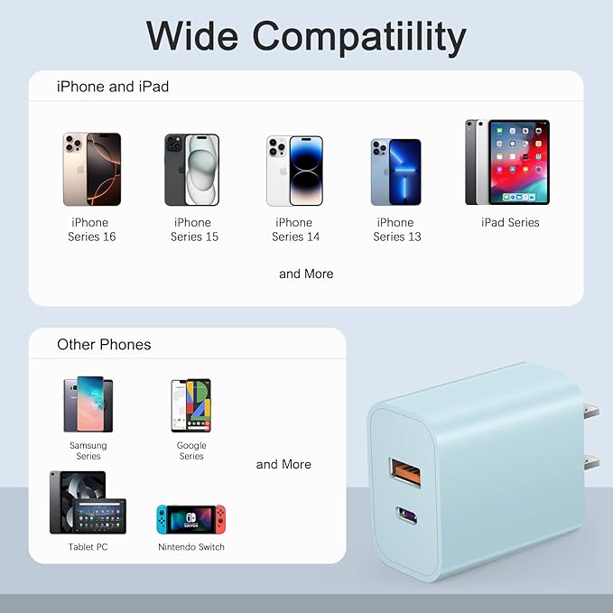 USB C Charger Block Charging Block Type C Charge 20W Wall Chargers 4 Pack for iPhone 16/16 Plus/16 Pro/16 Pro Max/iPhone 15/15 Pro/15 Pro Max/14/13/12 Pro/Samsung//Android(Blue)