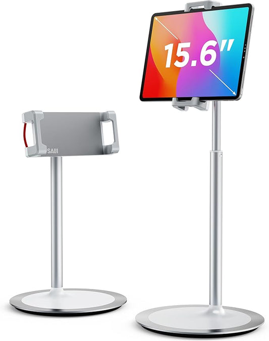SAIJI Tablet Stand Holder, Height Adjustable Portable Monitor Stand, 360 Degree Rotating, Aluminum Alloy Cradle Mount Dock for 4.7"-15.6" Screen iPhone Samsung, iPad, Kindle, eBook Reader (Silver)