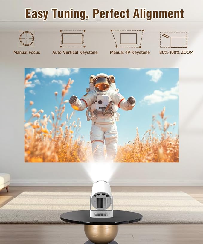 Mini Projector 4K Support, Portable Smart Projector with WiFi 6 and Bluetooth 5.4, 5w Soundbase Speaker, Auto Keystone 180° Rotatable, 8000 Lumens, Home Bedroom Movie Proyector HY300Pro+