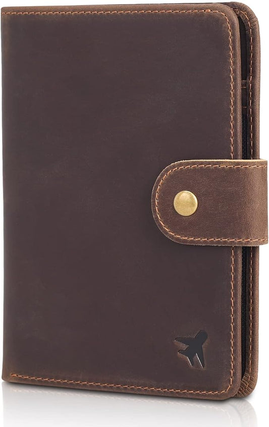 Polare Luxury RFID Blocking Leather Passport Holder Travel Wallet For Men and Women (Dark Brown(Snap Version))