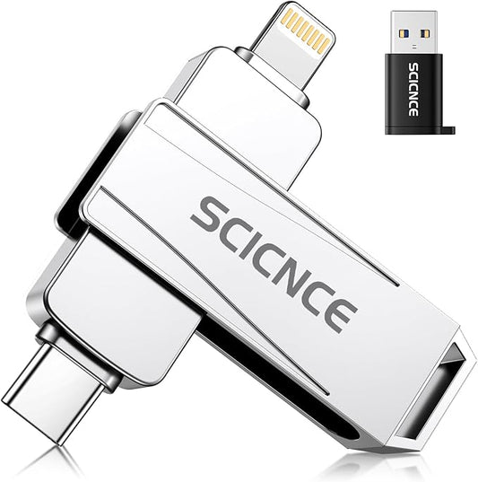 SCICNCE 128GB Flash Drive Intended for iPhone, USB Memory Stick Storage Backup for Photos Videos, Plug and Play No APP Required, Compatible with iPhone iPad Android and Computers (Metal Silver)