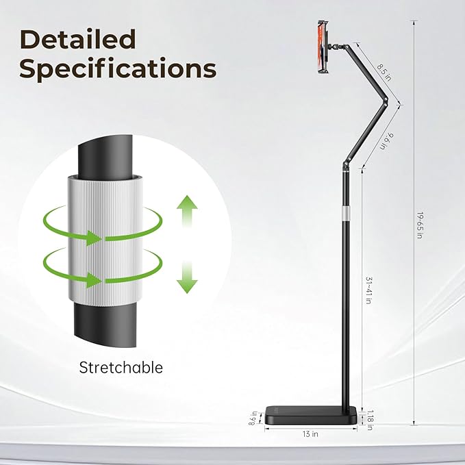 Tablet Floor Stand with 10.6 LB Heavy Metal Base, Adjustable Height Stretchable Arm Overhead Bed Phone Stand, Compatible with iPad mini Air Pro, Kindle, Switch, Galaxy Tab, Cell Phones