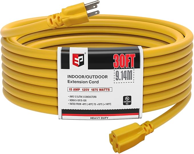 EP 30 Ft Outdoor Extension Cord, 12/3 SJTW Heavy Duty Extension Cable with 3 Prong Grounded Plug, 15 AMP Power Cord for Lawn, Garden, Appliances, Yellow