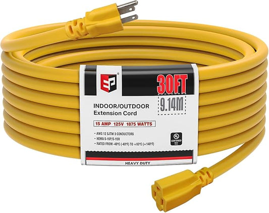 EP 30 Ft Outdoor Extension Cord, 12/3 SJTW Heavy Duty Extension Cable with 3 Prong Grounded Plug, 15 AMP Power Cord for Lawn, Garden, Appliances, Yellow