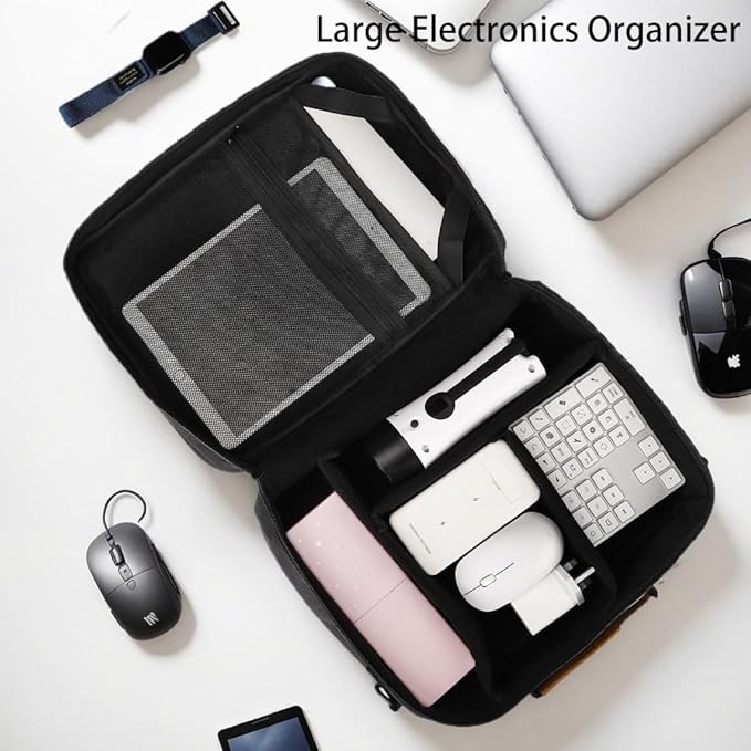 Large Electronics Organizer, Cable Organizer Bag with Shoulder Strap, Electronics Accessories Storage Carry Case, Double Layer Cord Bags for Cord &Tablet, Headphone, Charger, Tools, DJ Gifts