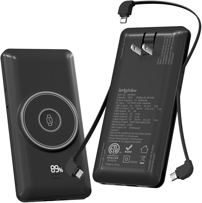 Magnetic 10000mAh Portable Charger for iWatch & iPhone, 22.5W USB C Fast Charging Wireless Power Bank Built-in Cables and Wall Plug, External Travel Battery Pack Compatible with iOS Android Devices