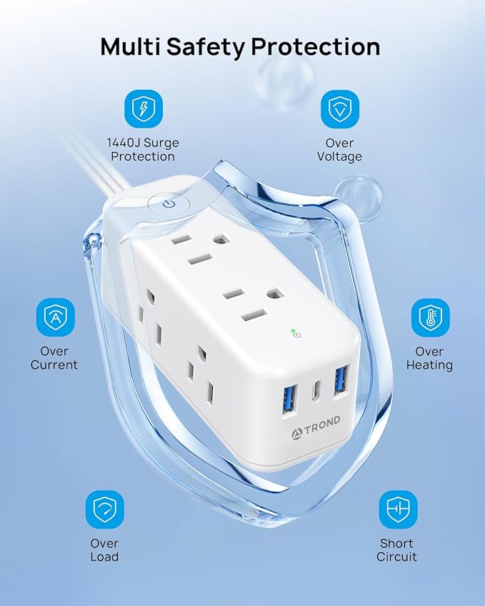 TROND Flat Plug Power Strip, 6 Widely Spaced Outlets and 3 USB Ports, Extension Cord 5ft, Wall Mountable, 1440J Surge Protector for Home Office Travel, White