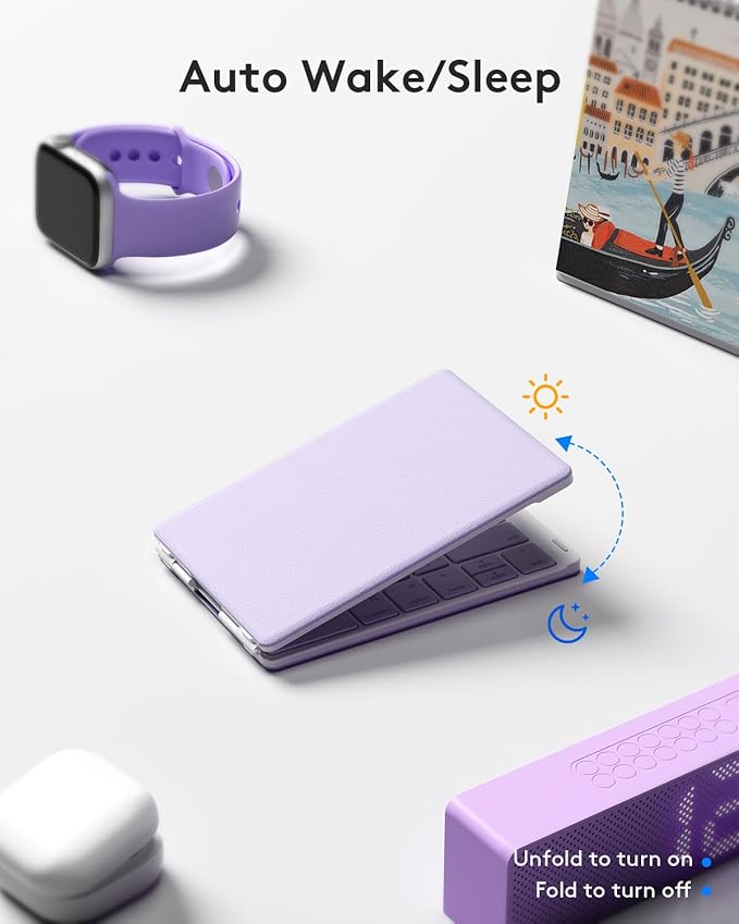 Samsers Bluetooth Foldable Keyboard, Wireless Portable Folding Keyboard, Full-Size Ultra-Slim Rechargeable Connect Up to 3 Devices for iOS Android Windows Phone Tablet and Laptop, Purple
