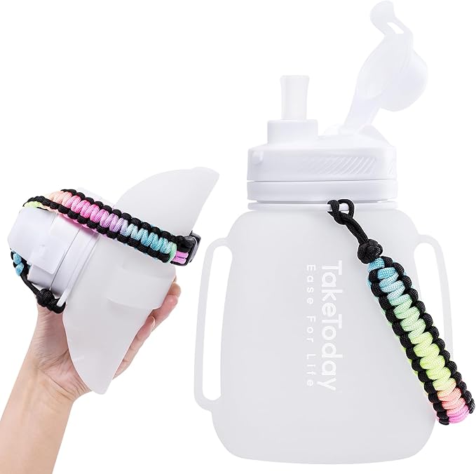 TakeToday Motivational Collapsible Water Bottle with Straw and Paracord Handle 1.2L 40 OZ Reusable Silicone Sports Water Jug with Time Marker Leakproof Large Water Bottles for Yoga Outdoors