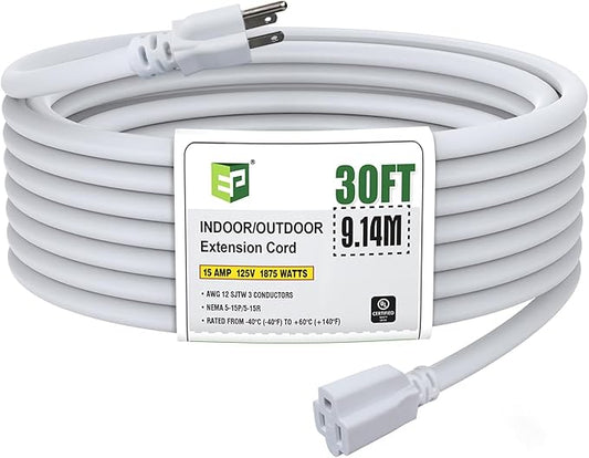 EP 30 Ft Outdoor Extension Cord, 12/3 SJTW Heavy Duty Extension Cable with 3 Prong Grounded Plug, 15 AMP Power Cord for Lawn, Garden, Appliances, White