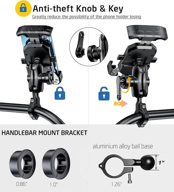 iMESTOU Anti-Theft Motorcycle Phone Mount Bike 1 Ball Phone Holder Handlebar Double Socket Arm Cellphone Holder with Aluminum 1" Ball Base 360 Rotation Universal for 4.0-7.0 Inch Smartphones