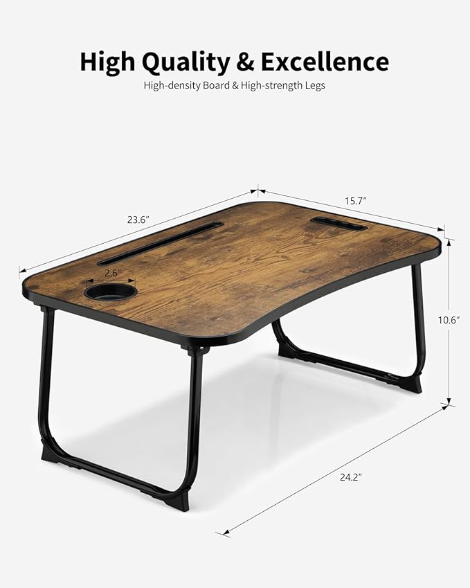 Foldable Lap Desk, Laptop Bed Desk, Portable Lap Table, Laptop Bed Table with Cup Holder & Tablet Slot & Lifting Handle for Working Writing Drawing & Eating - Rustic Brown