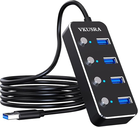 USB Hub,VKUSRA 4 Port USB 3.0 Hub Splitter with 4ft USB Long Cable and Individual LED On/Off Switch,USB Port Expander for Laptop PC